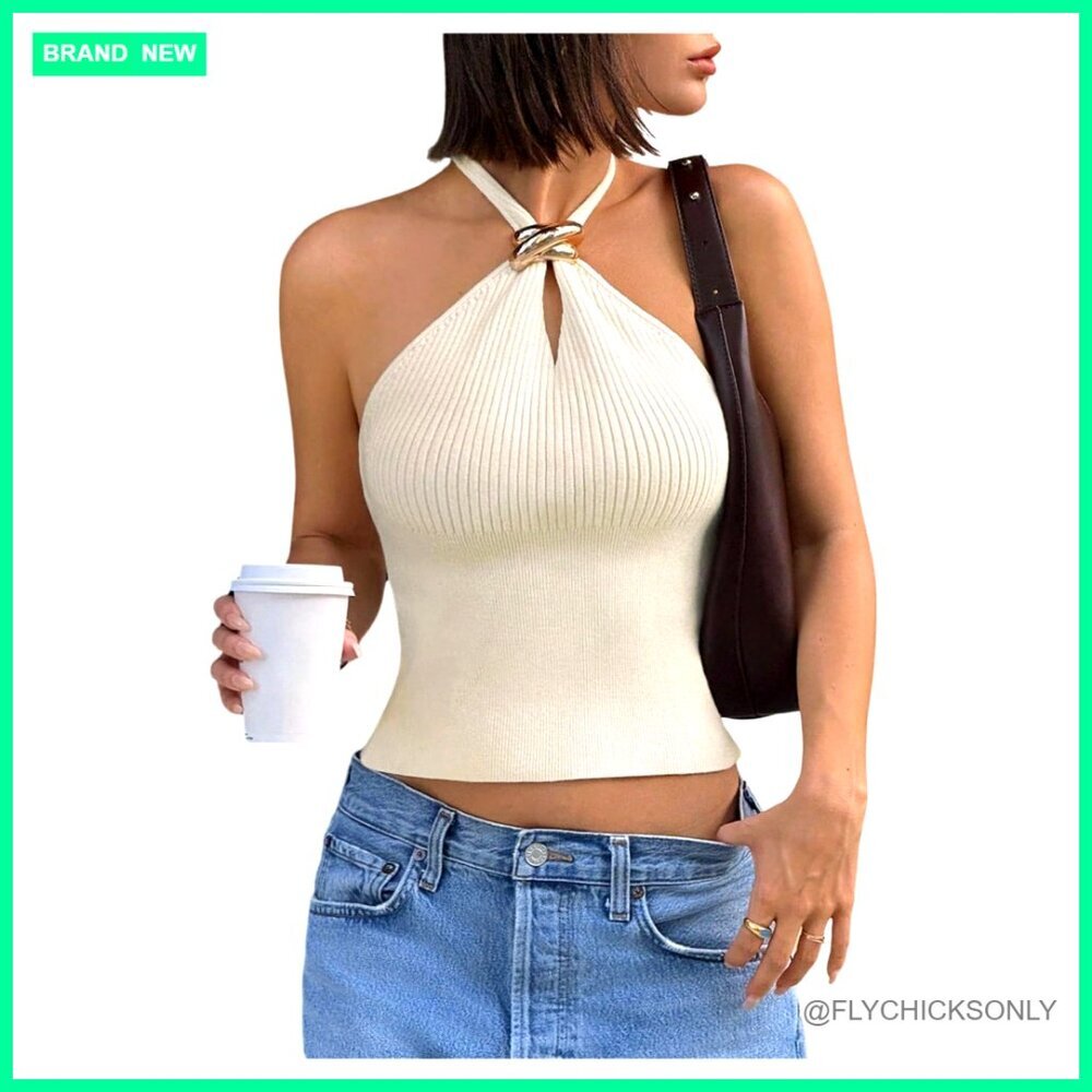 Ribbed Halter Crop Top Sleeveless Fitted Tank Date Night Going Out
